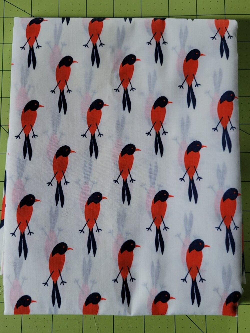 2 Yards of White Fabric with Reddish-Orange Birds - Super Cute!